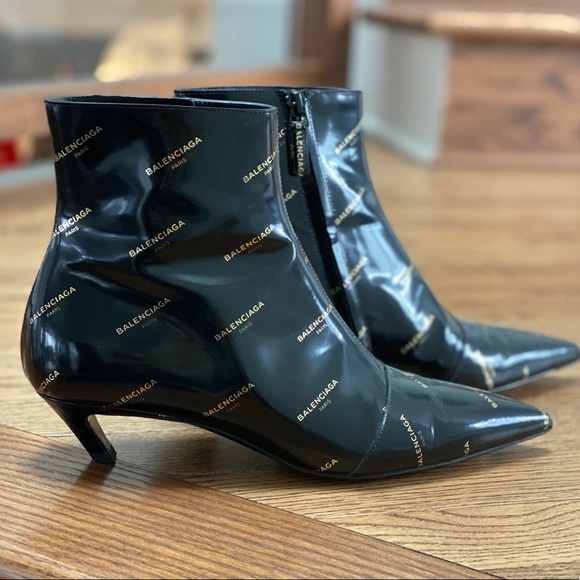 Balenciaga Shoes - Balenciaga slant heel logo print booties